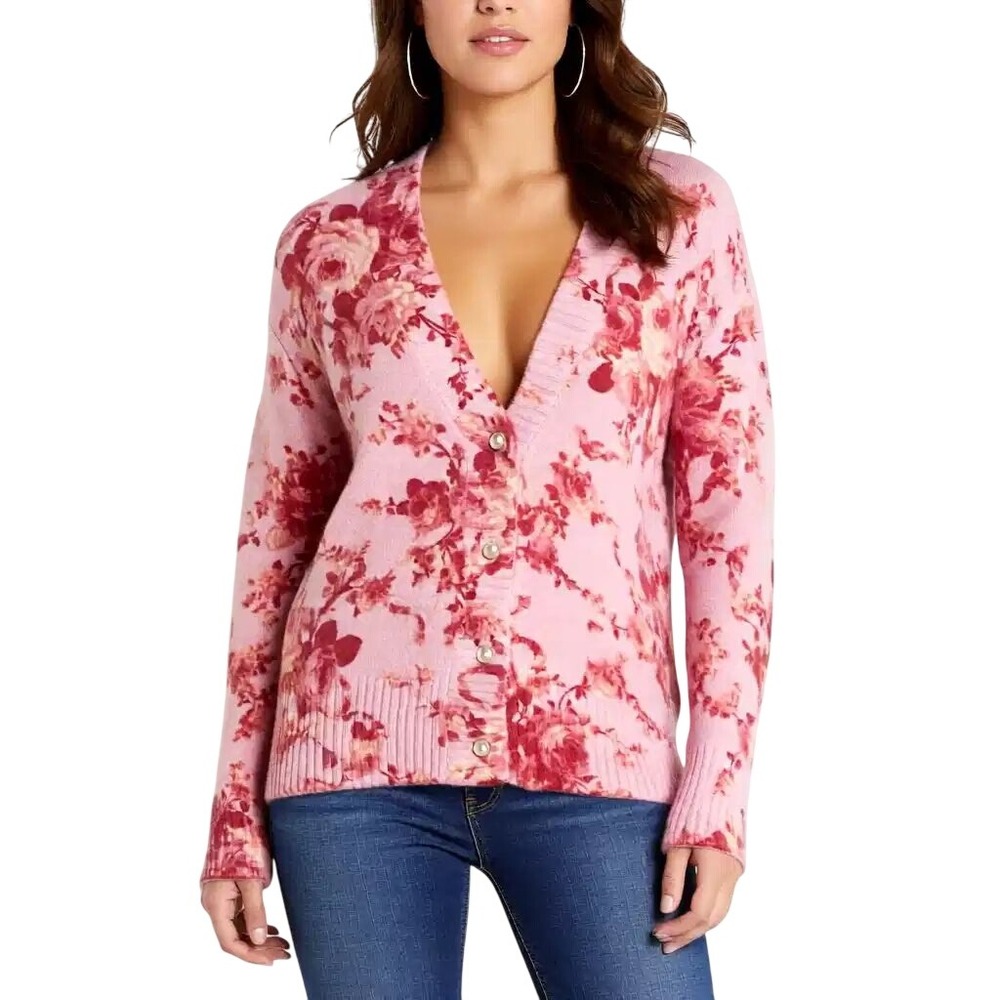 CeCe Women Pink Floral V-Neck Cardigan Sweater Pearl Buttons Size S NWT